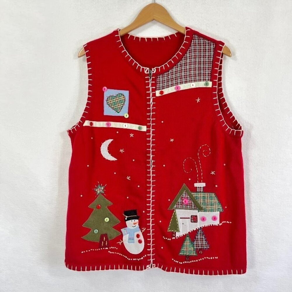 Handmade Christmas Patchwork Zip Sweater Vest Grandma Festive Holiday Party L